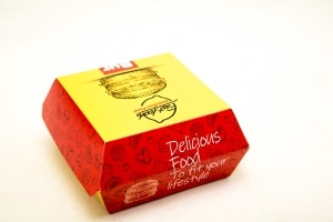 جعبه همبرگر با طرح عمومی و تم قرمز و زرد از نمای عقب ،تولید دارچین پک